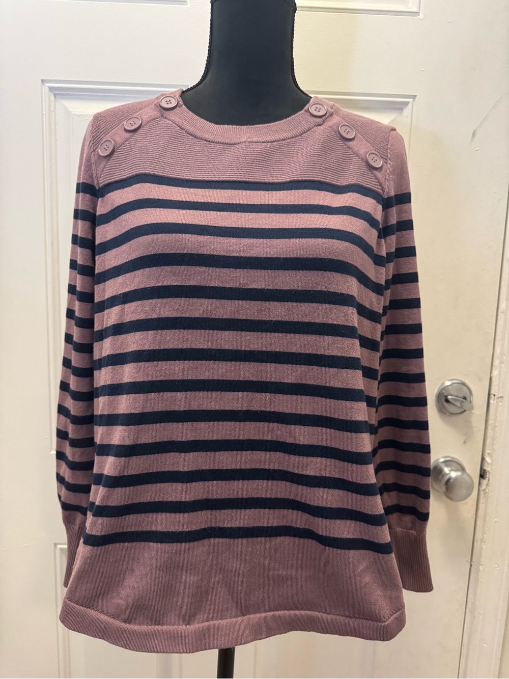 Liz Claiborne Mauve and Navy Striped Button-Shoulder Sweater 0573